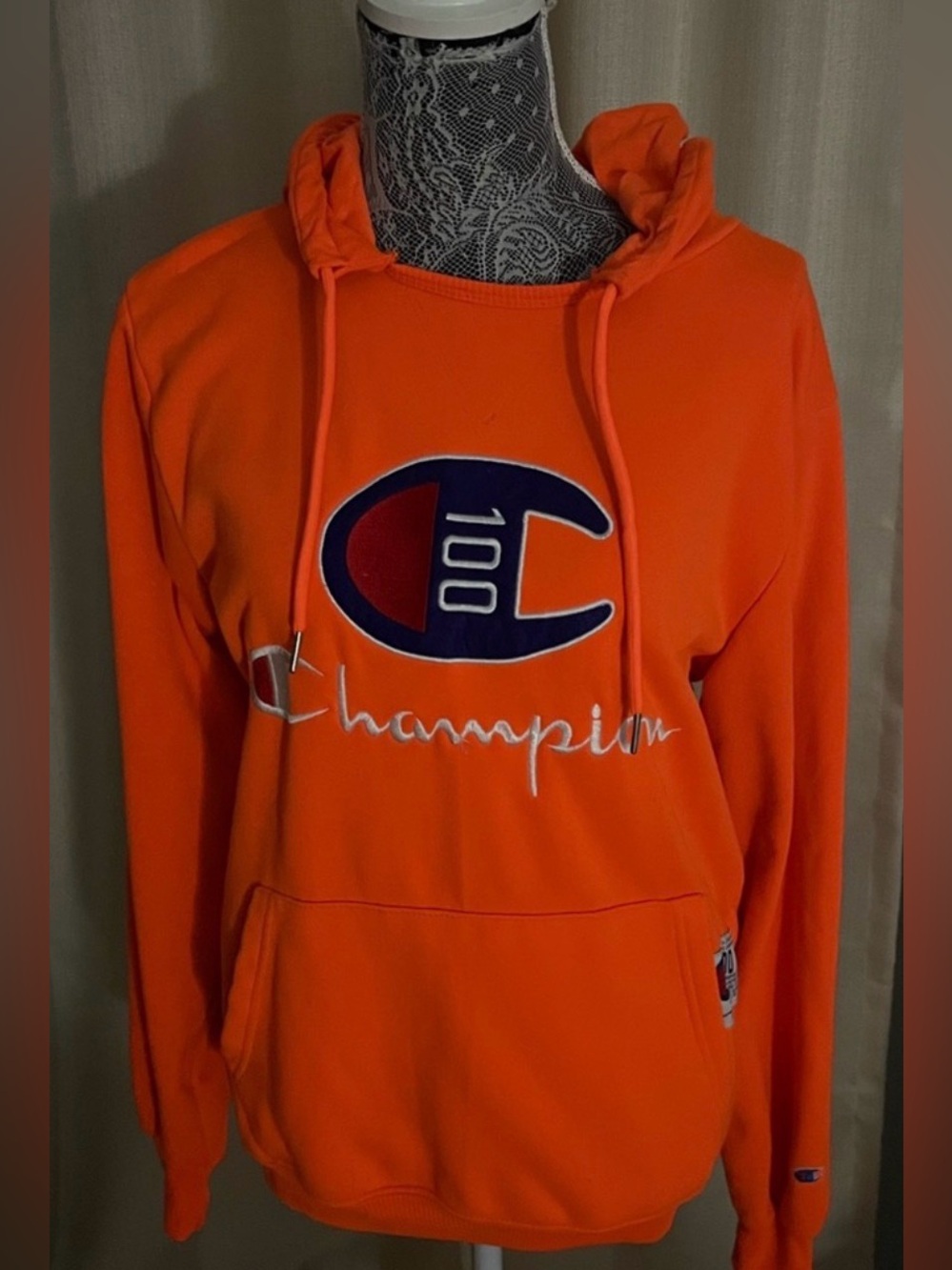 Champion 100 Orange Hoodie Size Small Embroidered Logo Pullover Kangaroo Pocket
